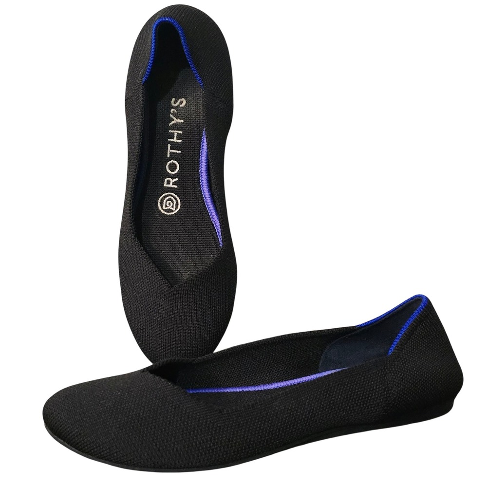 Rothys The Point Black Pointed Toe Flat Shoes Blue Halo Size 6.5
